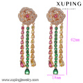 94168 rose decorate long chain glass pendant jhumka gold plated diamond earring